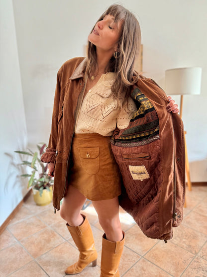 1970's vintage unisex brown suede coat with quilted and fleece patterned lining