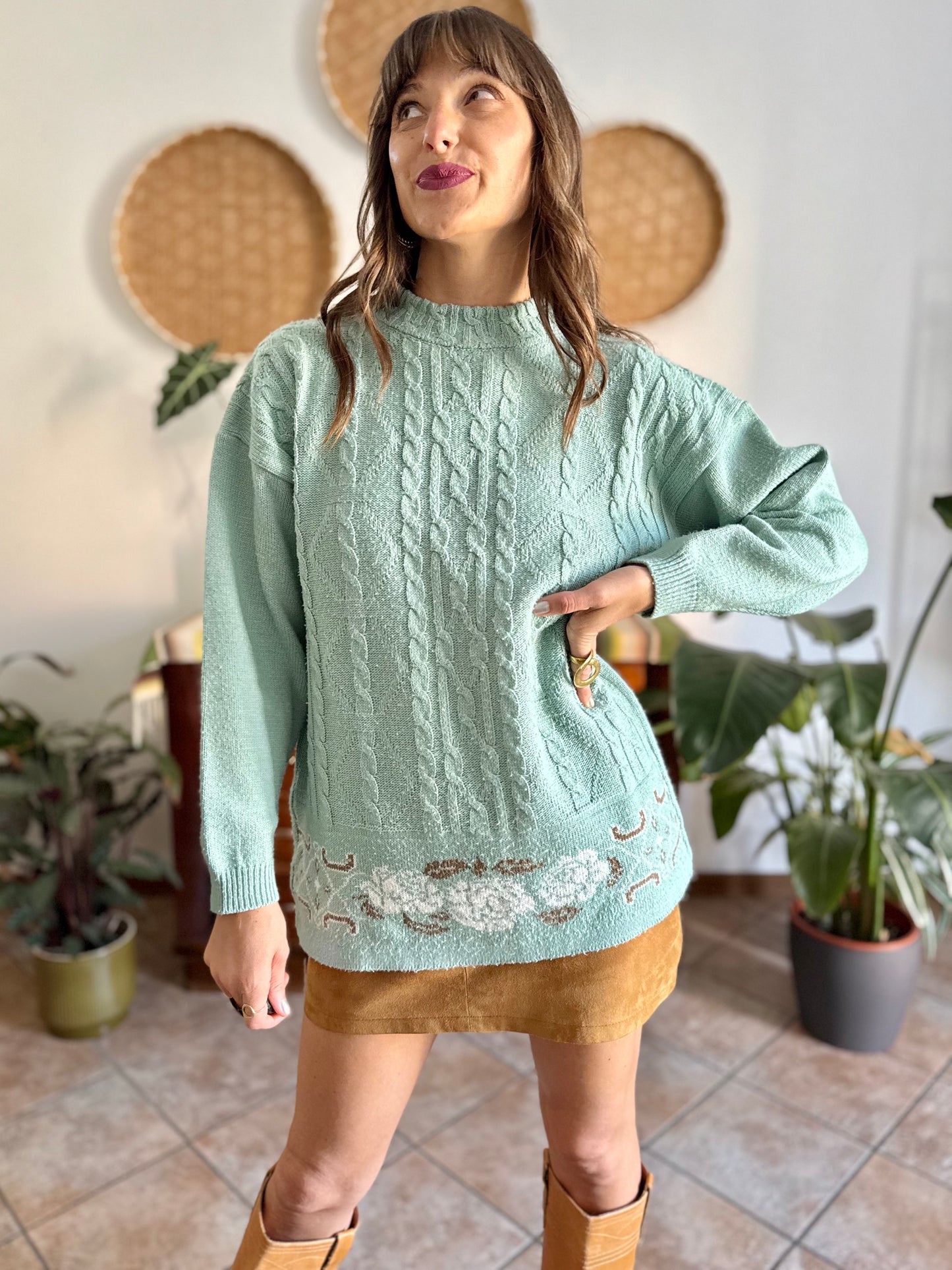 1980's vintage wool turquoise knit pullover with tan floral pattern