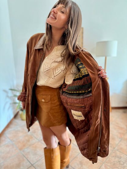 1970's vintage unisex brown suede coat with quilted and fleece patterned lining