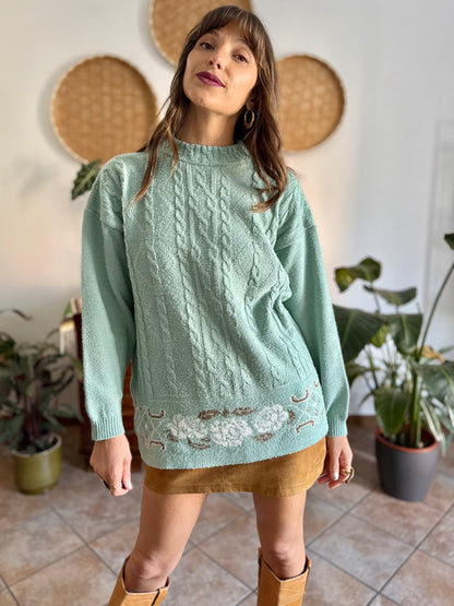 1980's vintage wool turquoise knit pullover with tan floral pattern