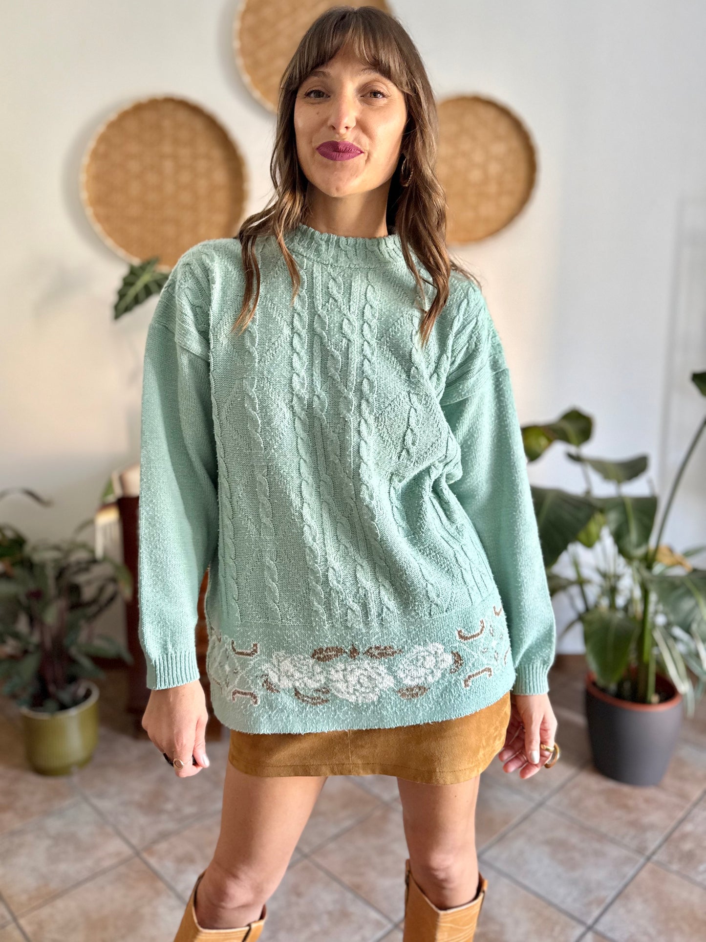 1980's vintage wool turquoise knit pullover with tan floral pattern