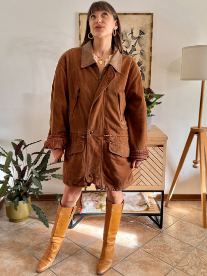 1970's vintage unisex brown suede coat with quilted and fleece patterned lining