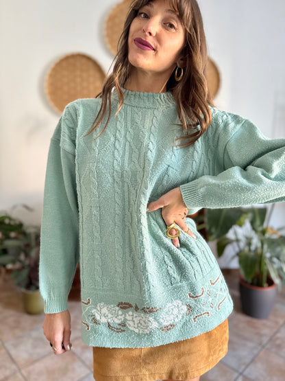 1980's vintage wool turquoise knit pullover with tan floral pattern