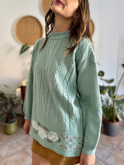 1980's vintage wool turquoise knit pullover with tan floral pattern