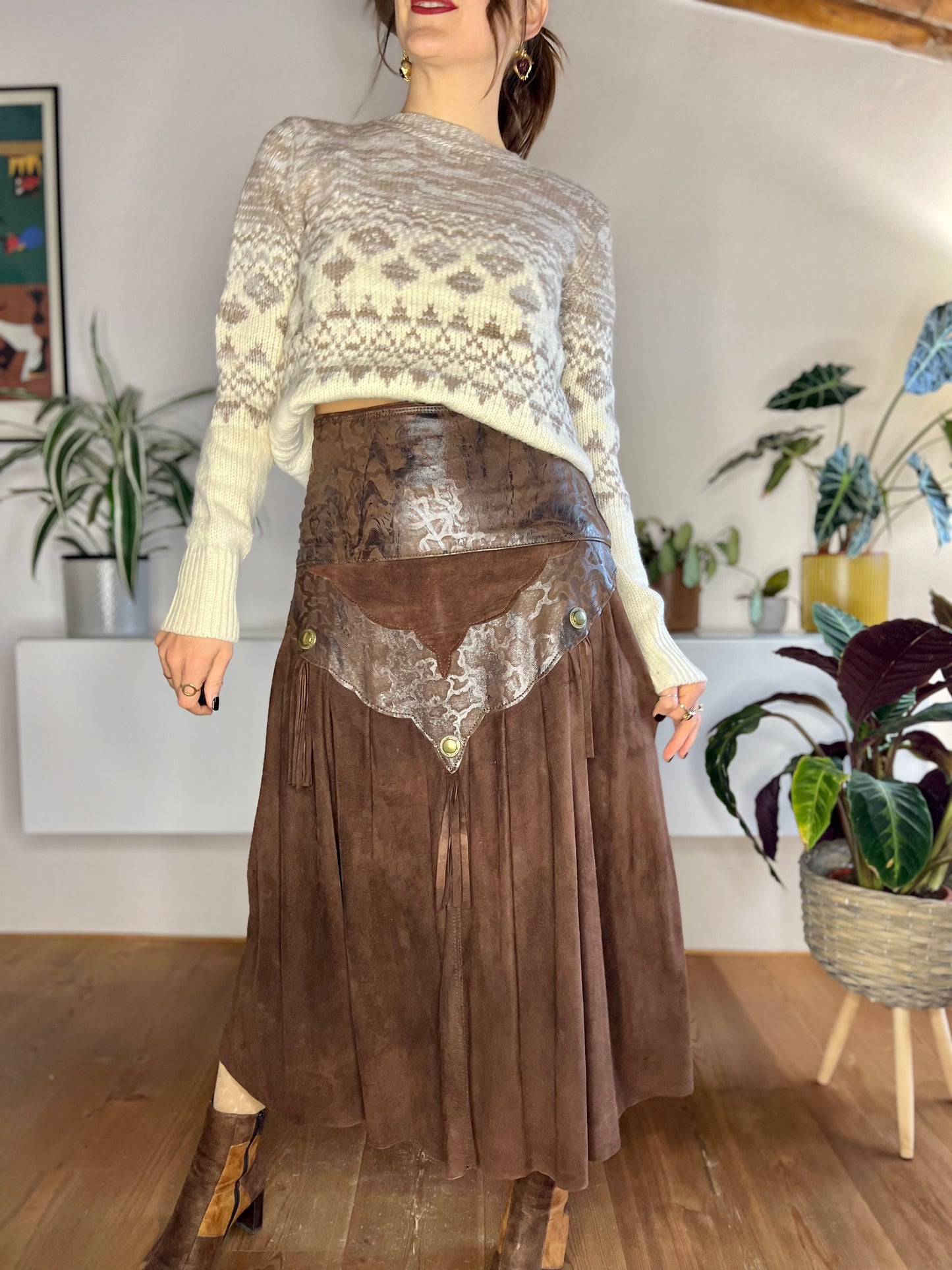 1970's vintage chocolate brown leather western midi skirt with fringe details