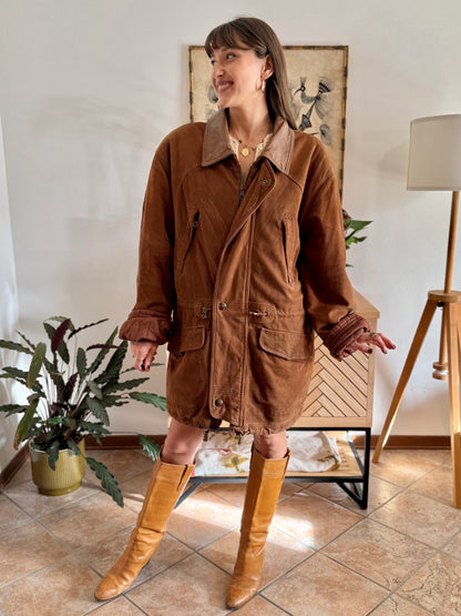 1970's vintage unisex brown suede coat with quilted and fleece patterned lining