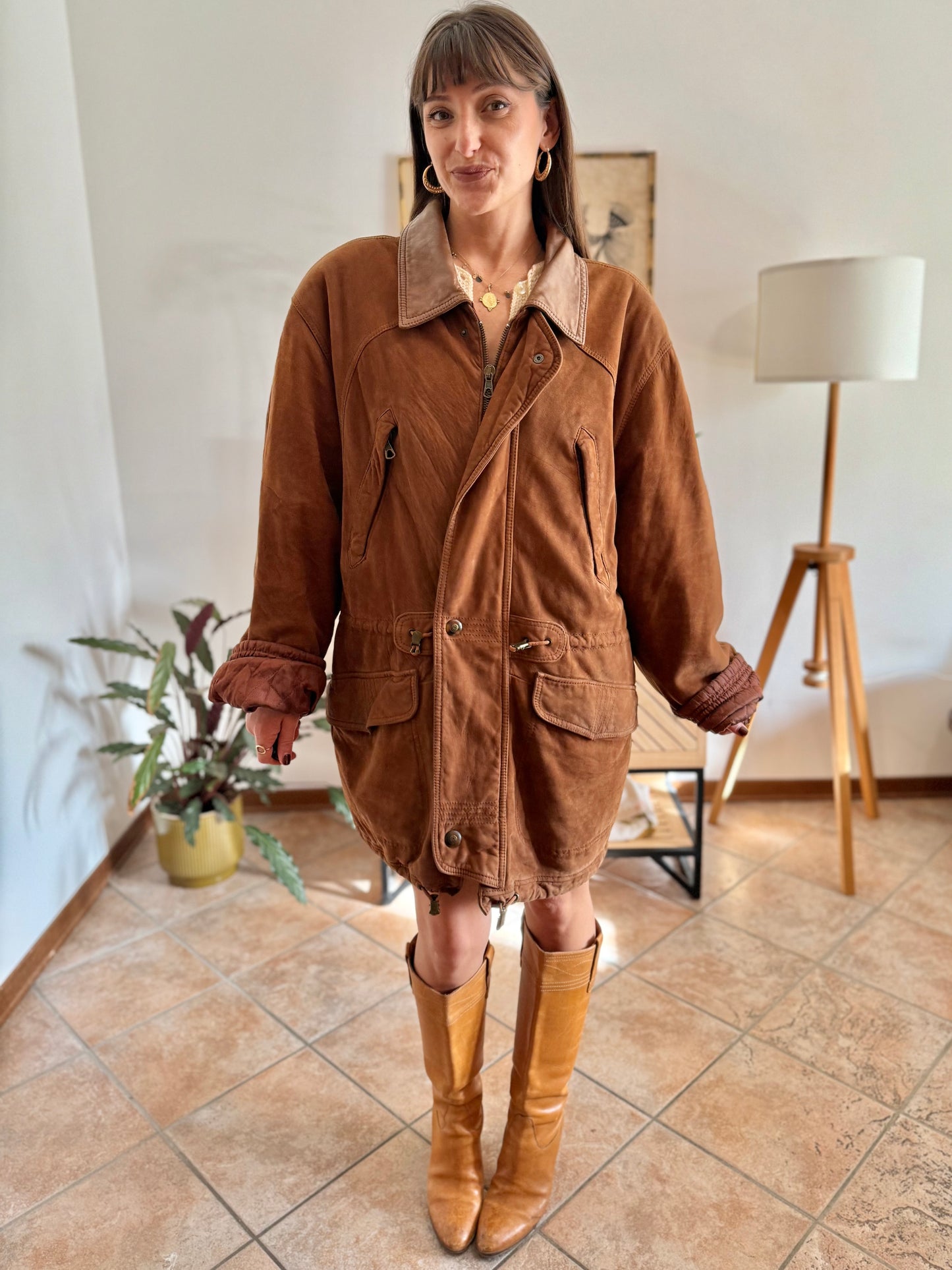 1970's vintage unisex brown suede coat with quilted and fleece patterned lining