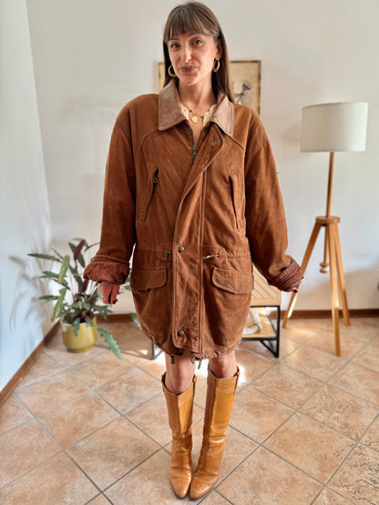 1970's vintage unisex brown suede coat with quilted and fleece patterned lining