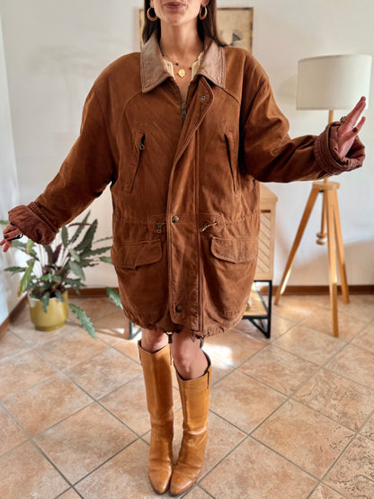 1970's vintage unisex brown suede coat with quilted and fleece patterned lining