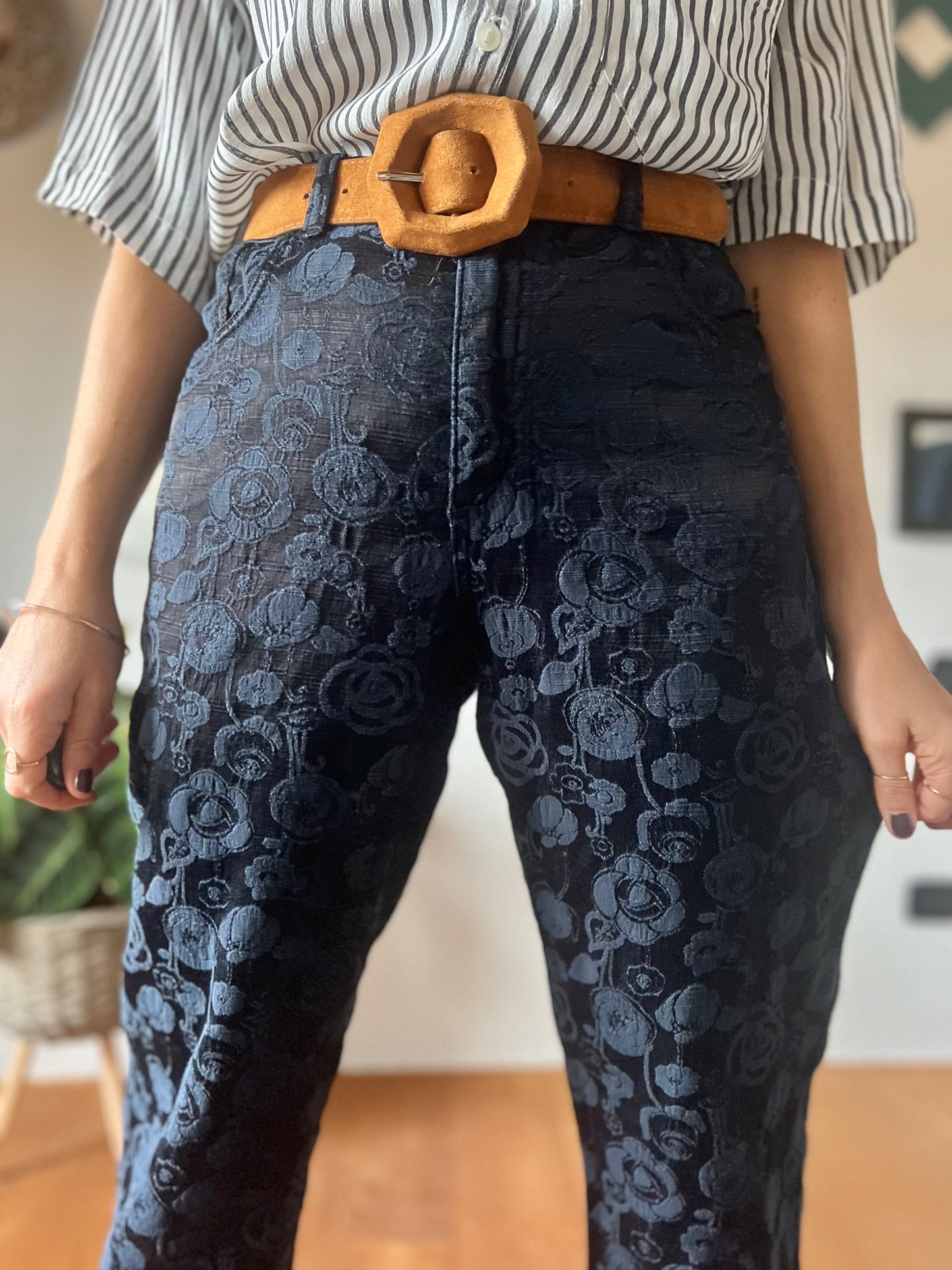 1990's vintage Navy blue textured floral flare leg jeans