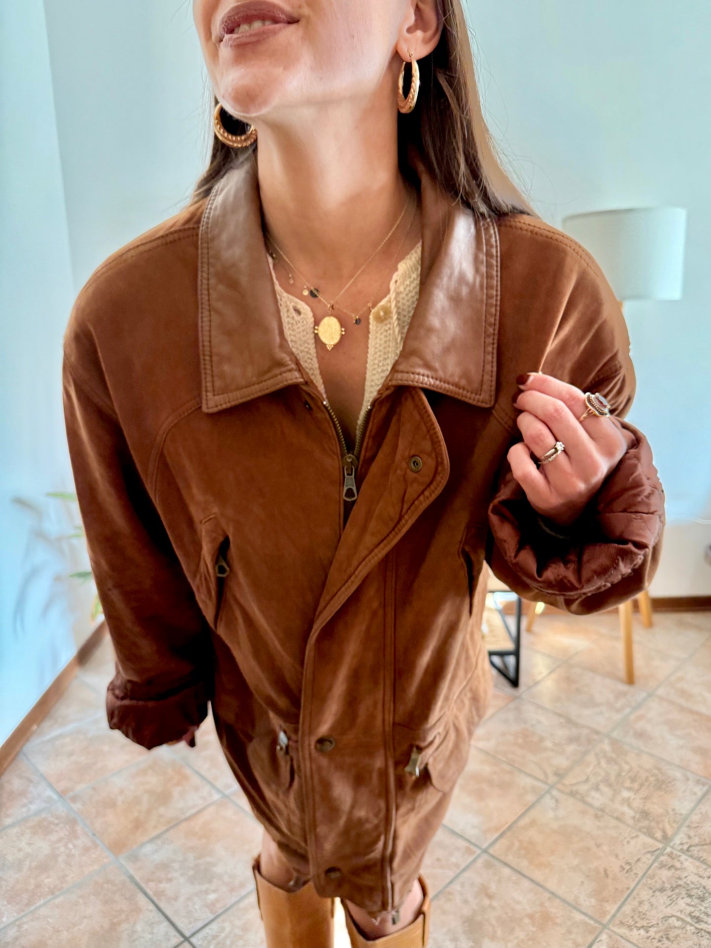 1970's vintage unisex brown suede coat with quilted and fleece patterned lining