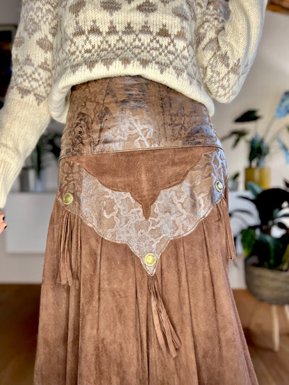 1970's vintage chocolate brown leather western midi skirt with fringe details