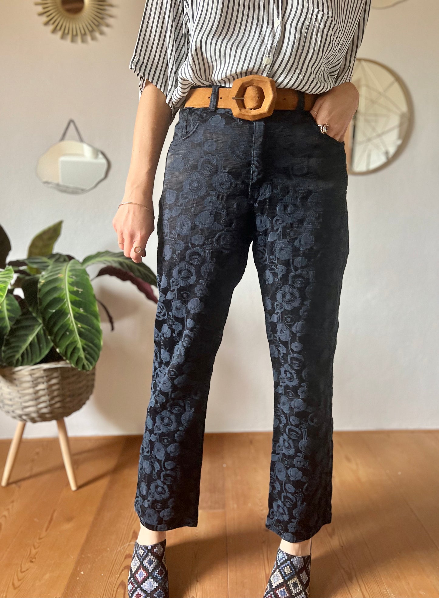 1990's vintage Navy blue textured floral flare leg jeans