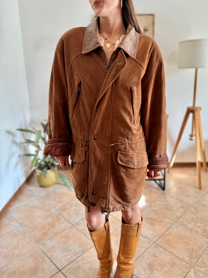 1970's vintage unisex brown suede coat with quilted and fleece patterned lining