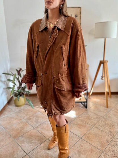 1970's vintage unisex brown suede coat with quilted and fleece patterned lining