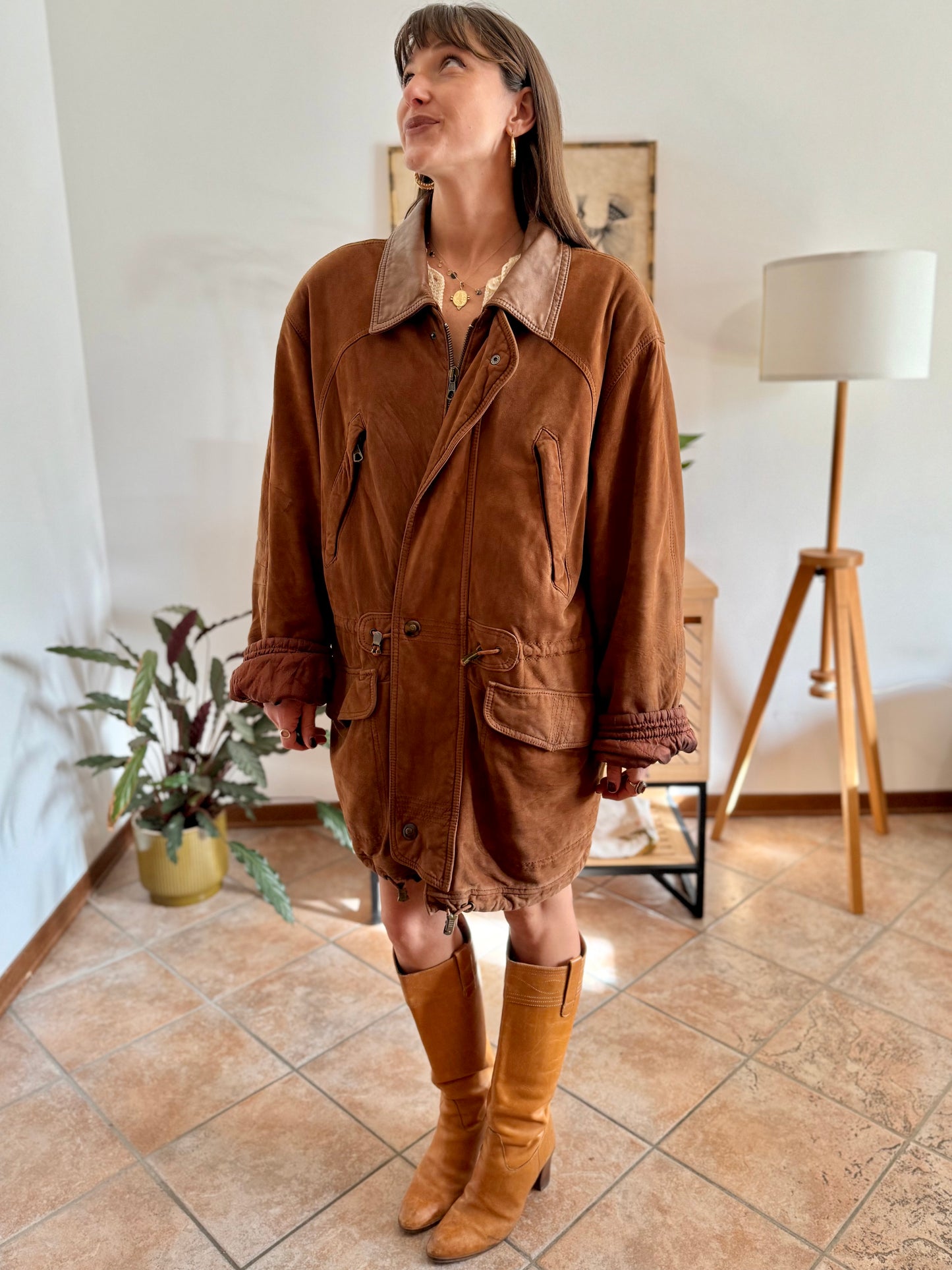 1970's vintage unisex brown suede coat with quilted and fleece patterned lining