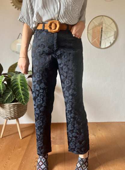 1990's vintage Navy blue textured floral flare leg jeans