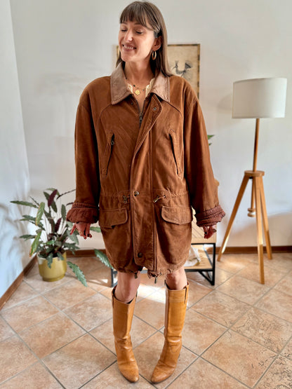 1970's vintage unisex brown suede coat with quilted and fleece patterned lining