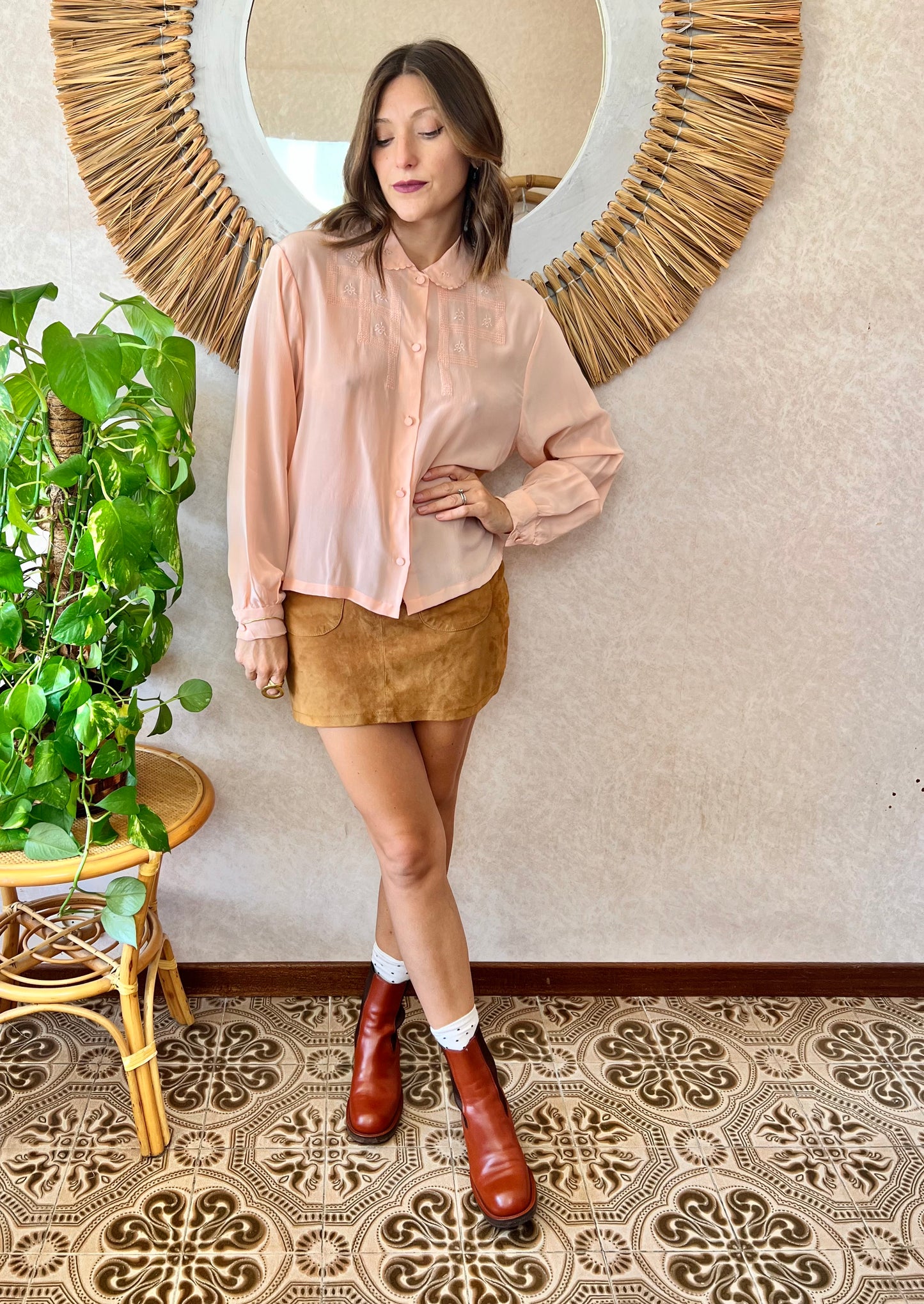 1970's vintage peach foral embroidered silk blouse