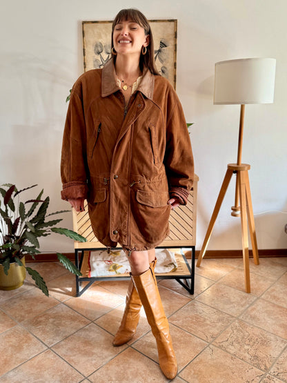 1970's vintage unisex brown suede coat with quilted and fleece patterned lining