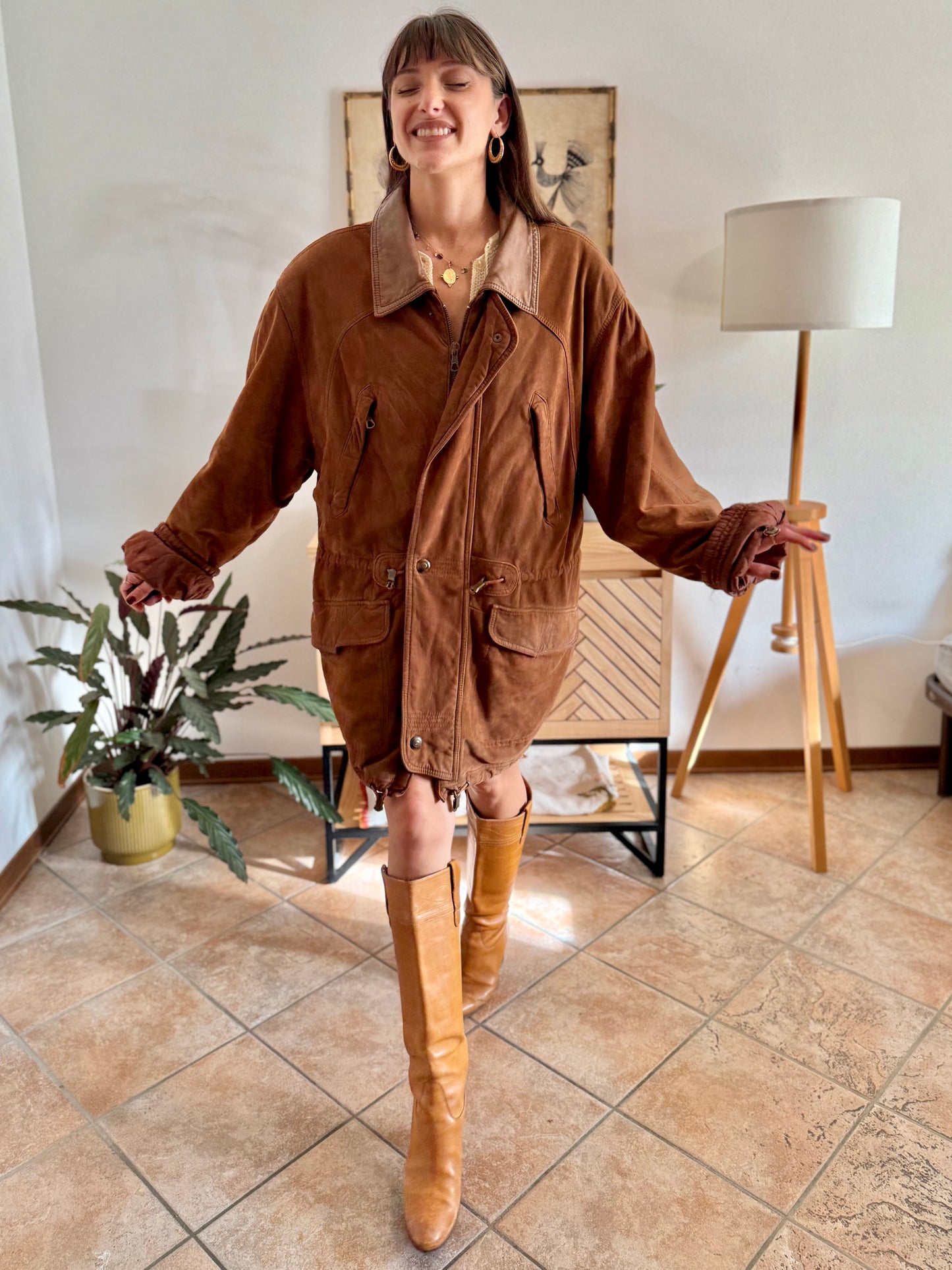 1970's vintage unisex brown suede coat with quilted and fleece patterned lining
