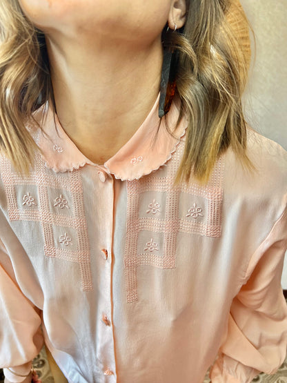 1970's vintage peach foral embroidered silk blouse