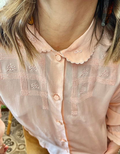 1970's vintage peach foral embroidered silk blouse