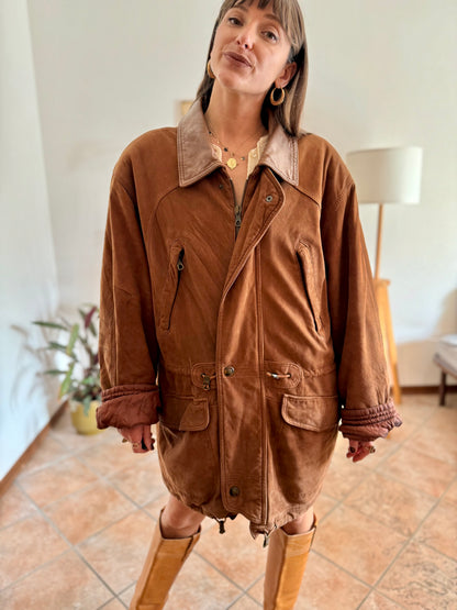 1970's vintage unisex brown suede coat with quilted and fleece patterned lining