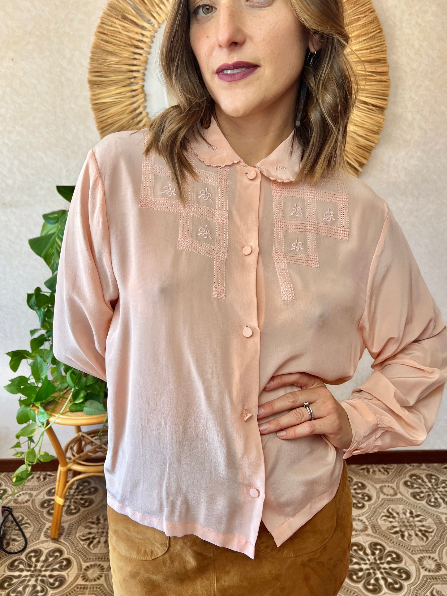 1970's vintage peach foral embroidered silk blouse