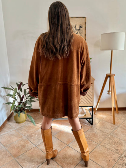 1970's vintage unisex brown suede coat with quilted and fleece patterned lining