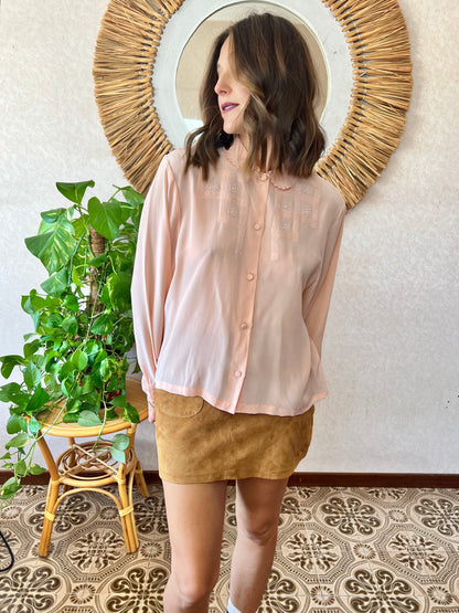 1970's vintage peach foral embroidered silk blouse