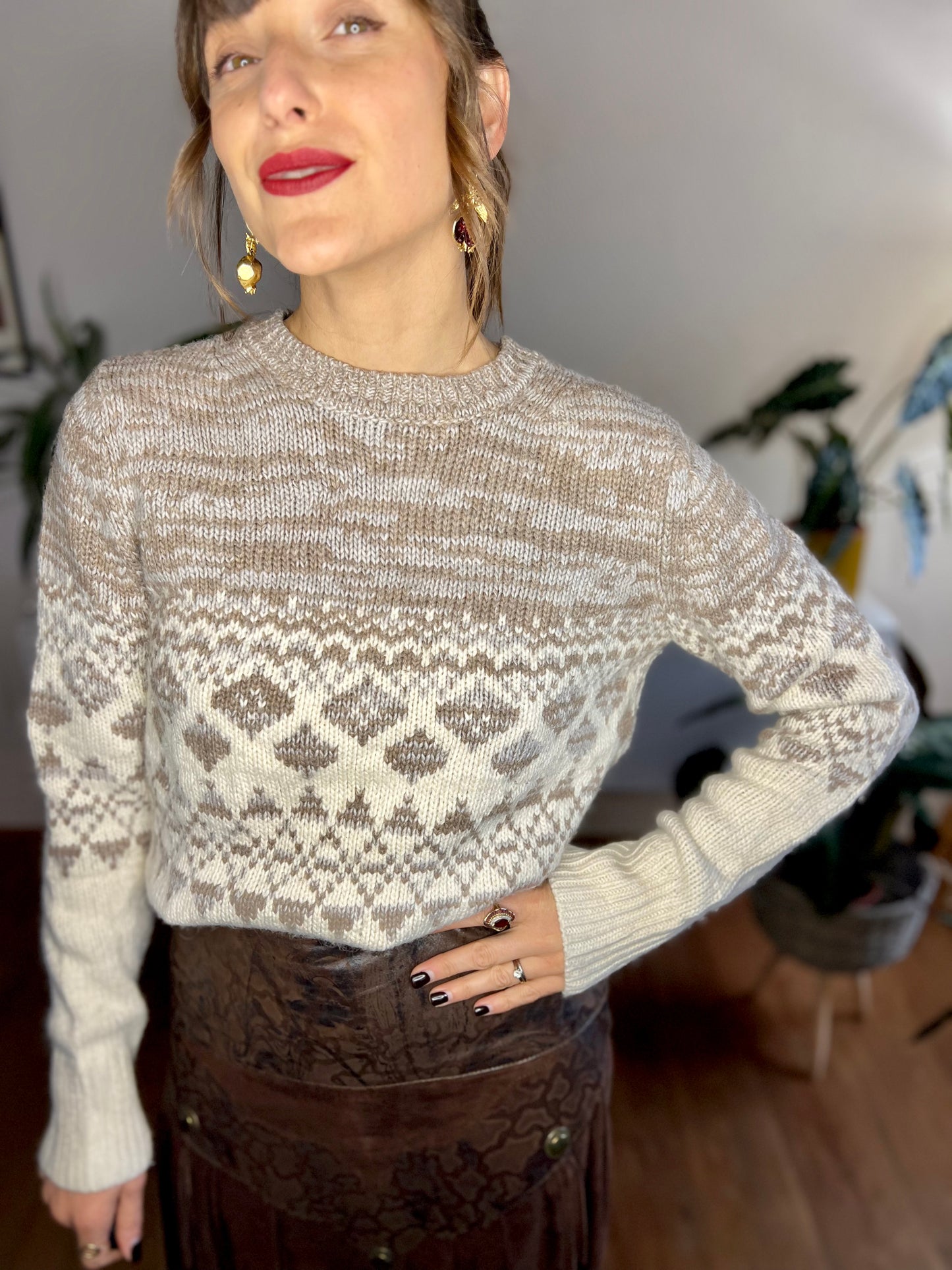 1990's vintage cream and beige geometric knit pullover