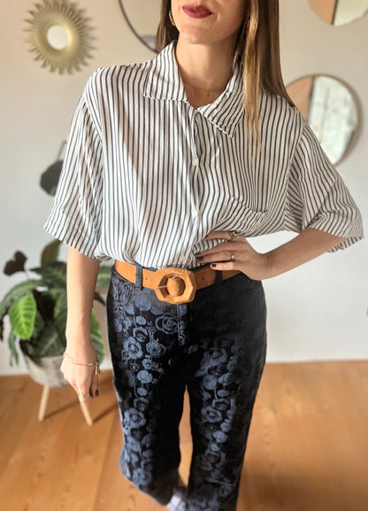 1970's vintage semi sheer grey and white stripe blouse