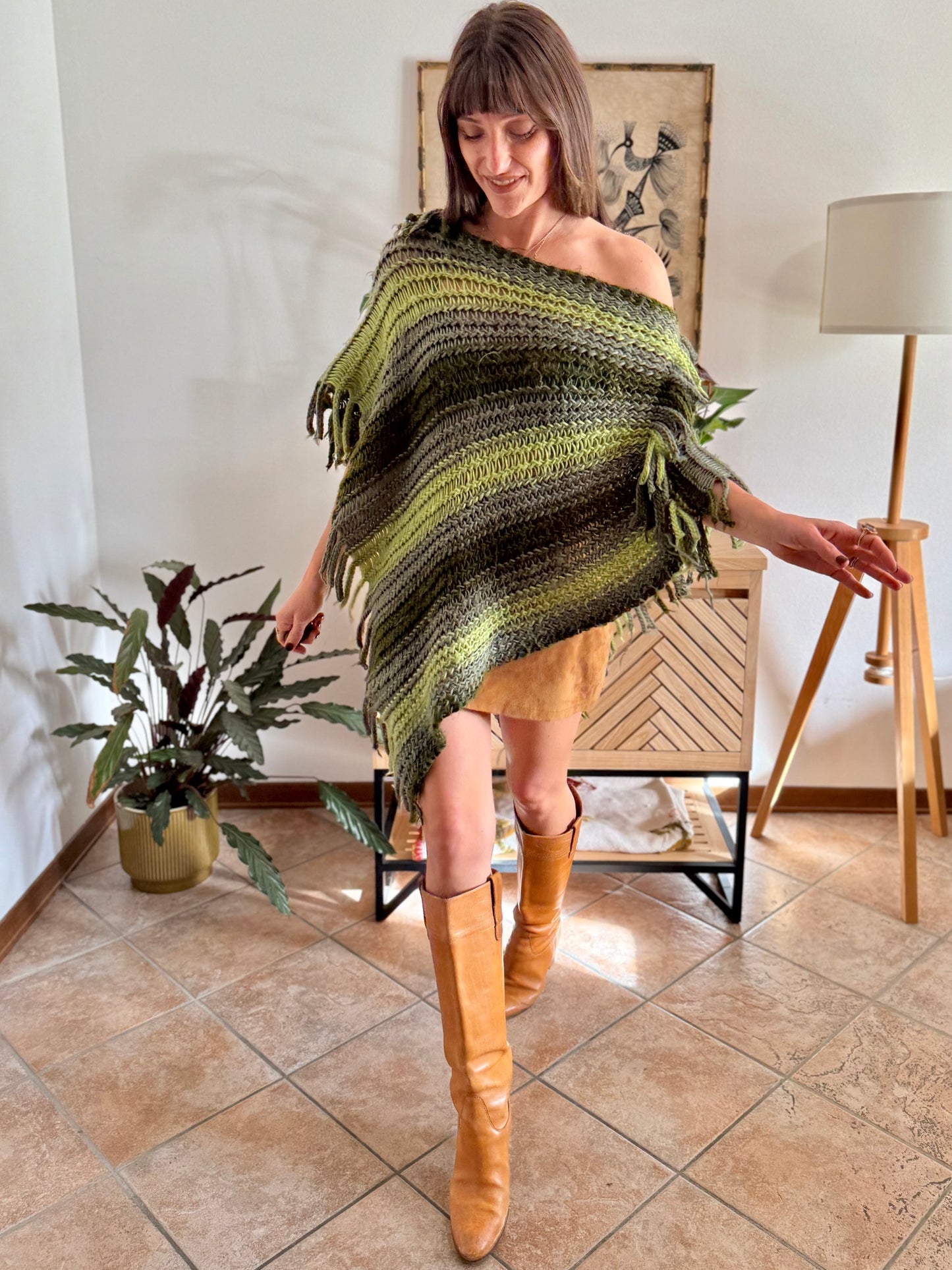 1970's vintage hand knit multi-tonal green stripe hand knit poncho with fringe detailing