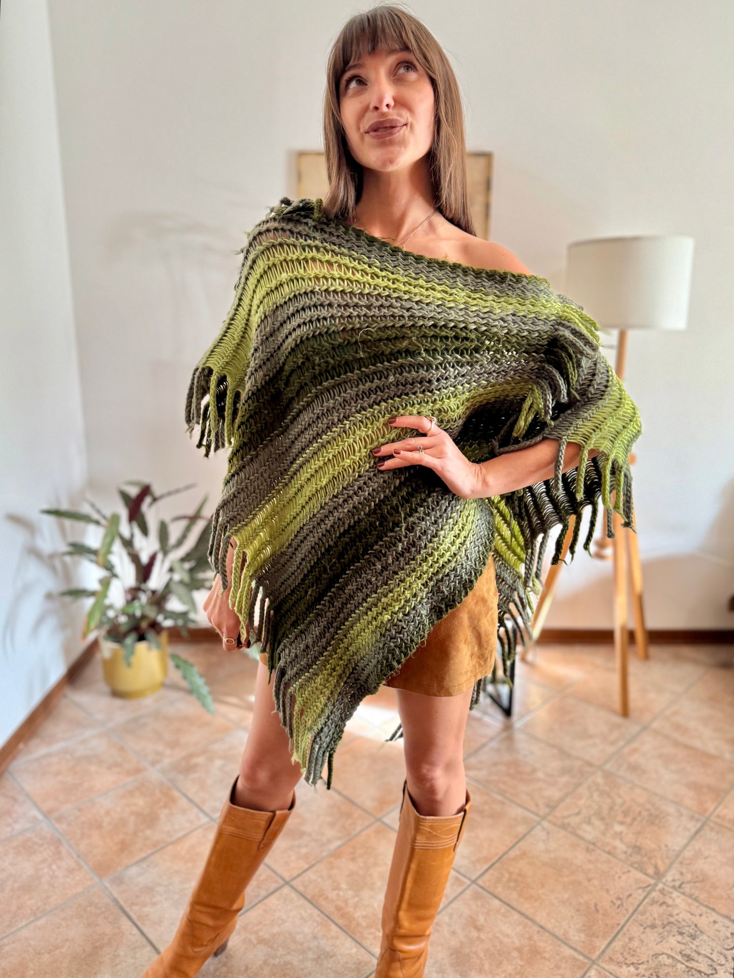 1970's vintage hand knit multi-tonal green stripe hand knit poncho with fringe detailing