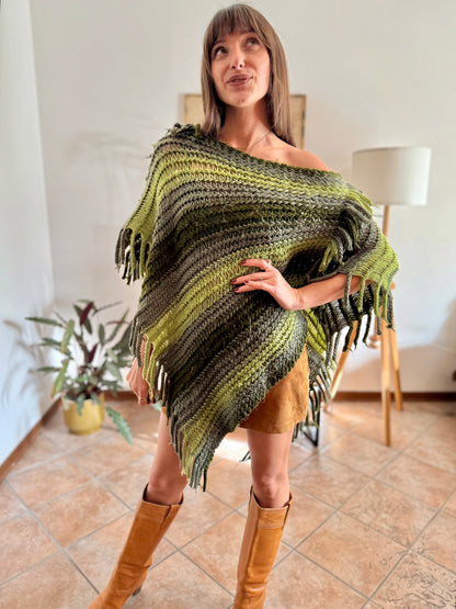 1970's vintage hand knit multi-tonal green stripe hand knit poncho with fringe detailing