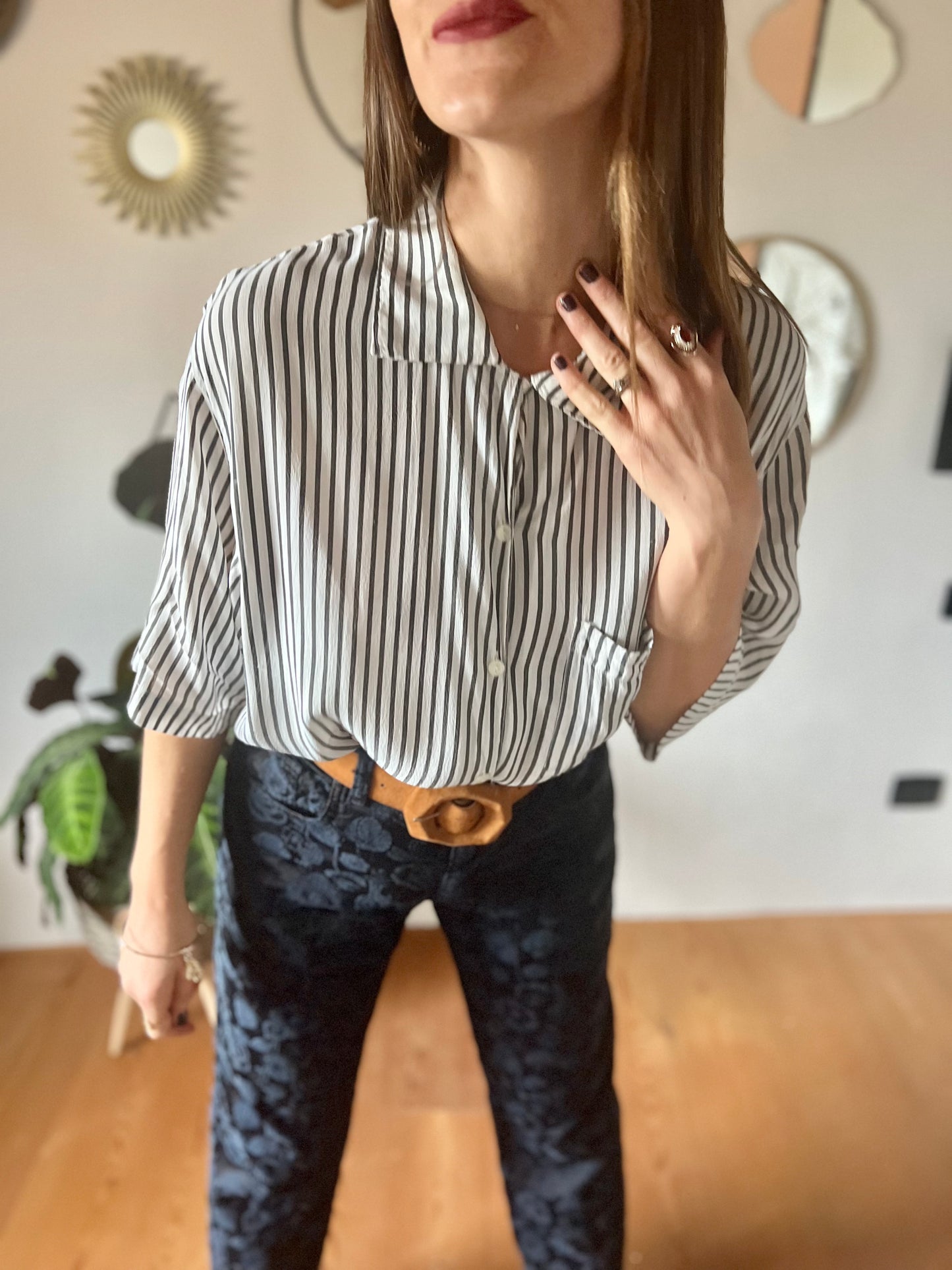 1970's vintage semi sheer grey and white stripe blouse