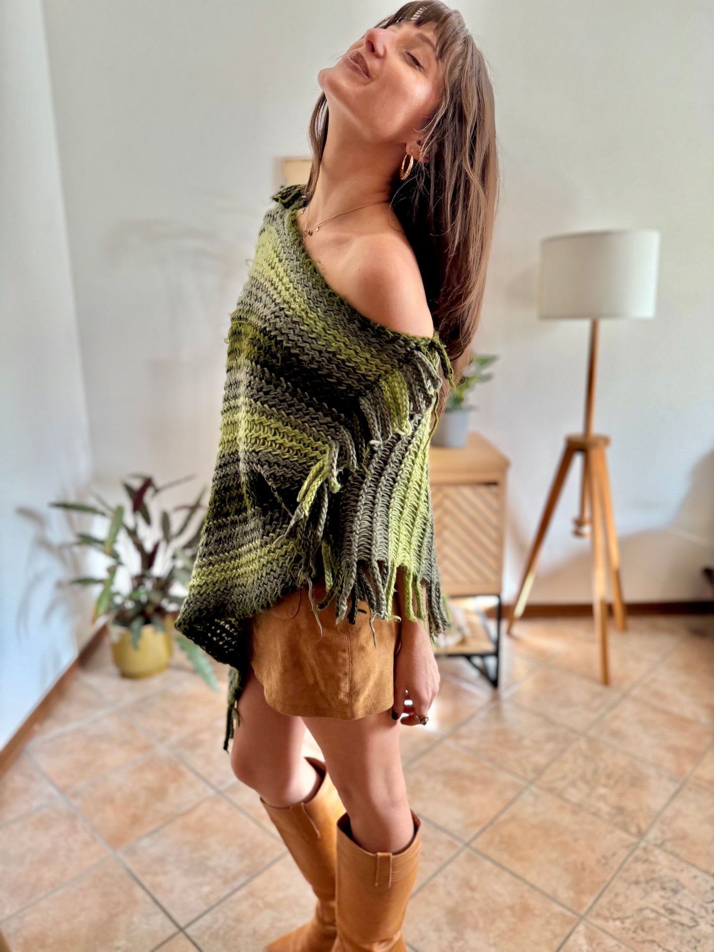 1970's vintage hand knit multi-tonal green stripe hand knit poncho with fringe detailing