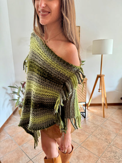 1970's vintage hand knit multi-tonal green stripe hand knit poncho with fringe detailing