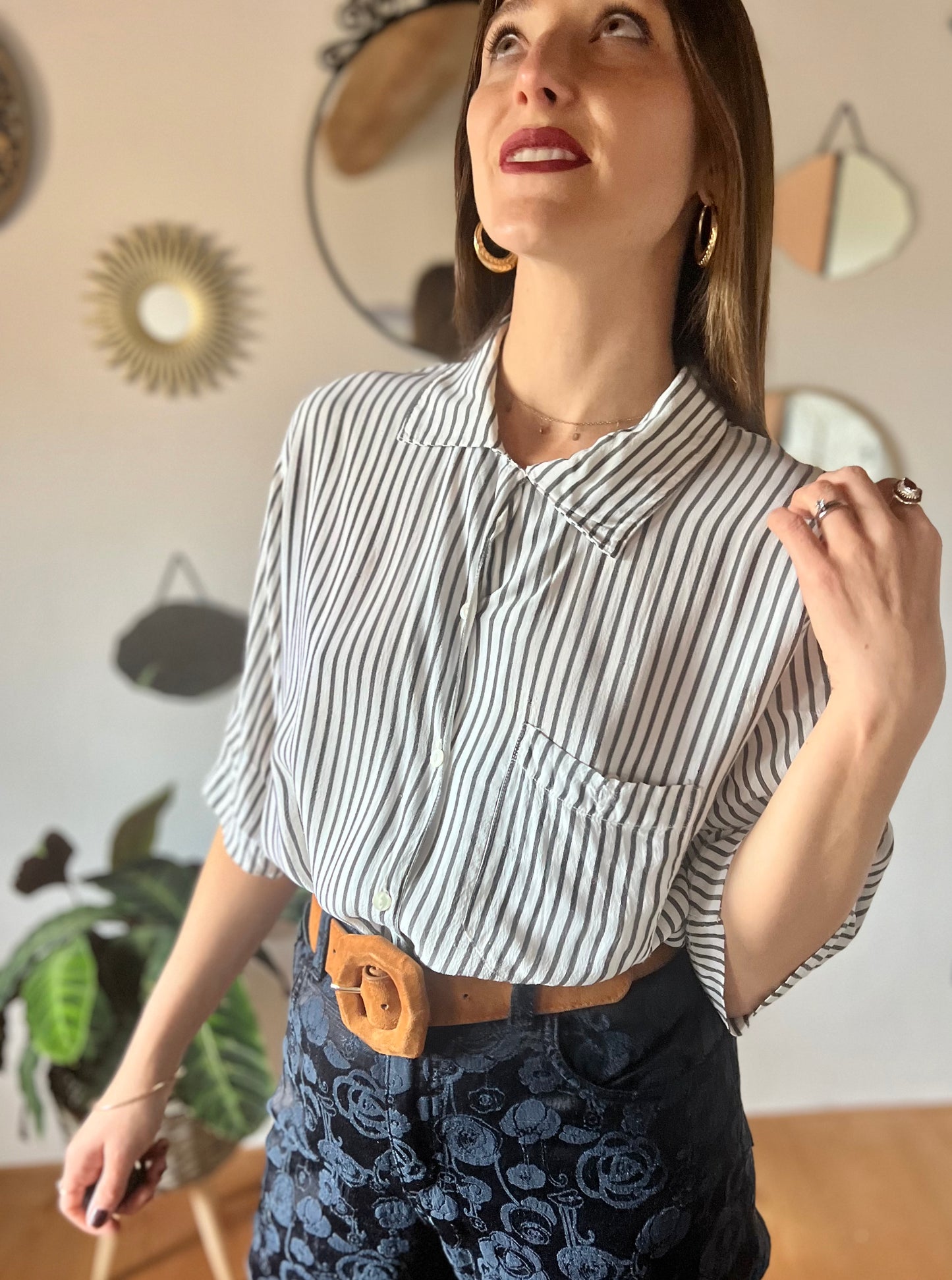 1970's vintage semi sheer grey and white stripe blouse