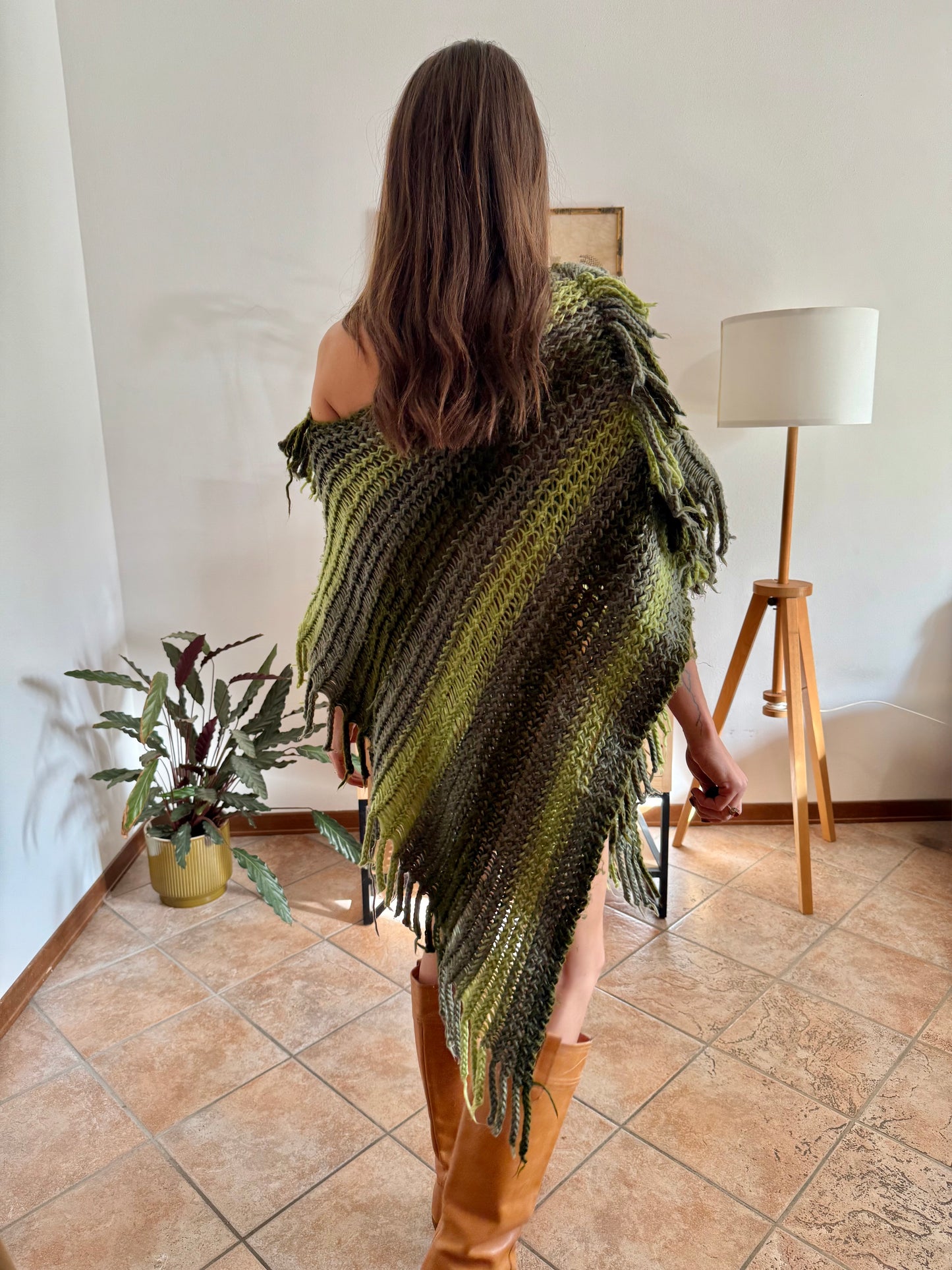 1970's vintage hand knit multi-tonal green stripe hand knit poncho with fringe detailing