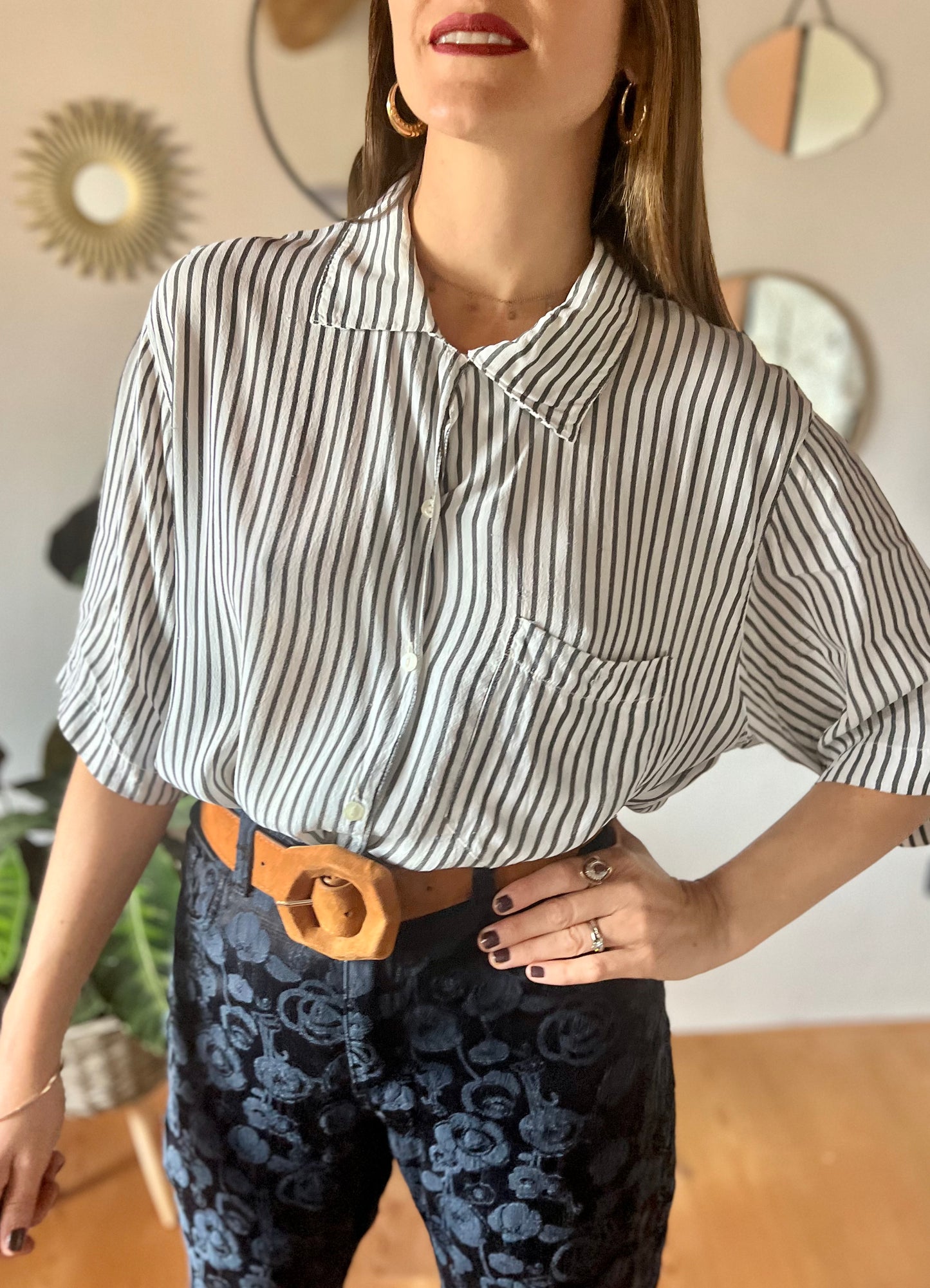 1970's vintage semi sheer grey and white stripe blouse