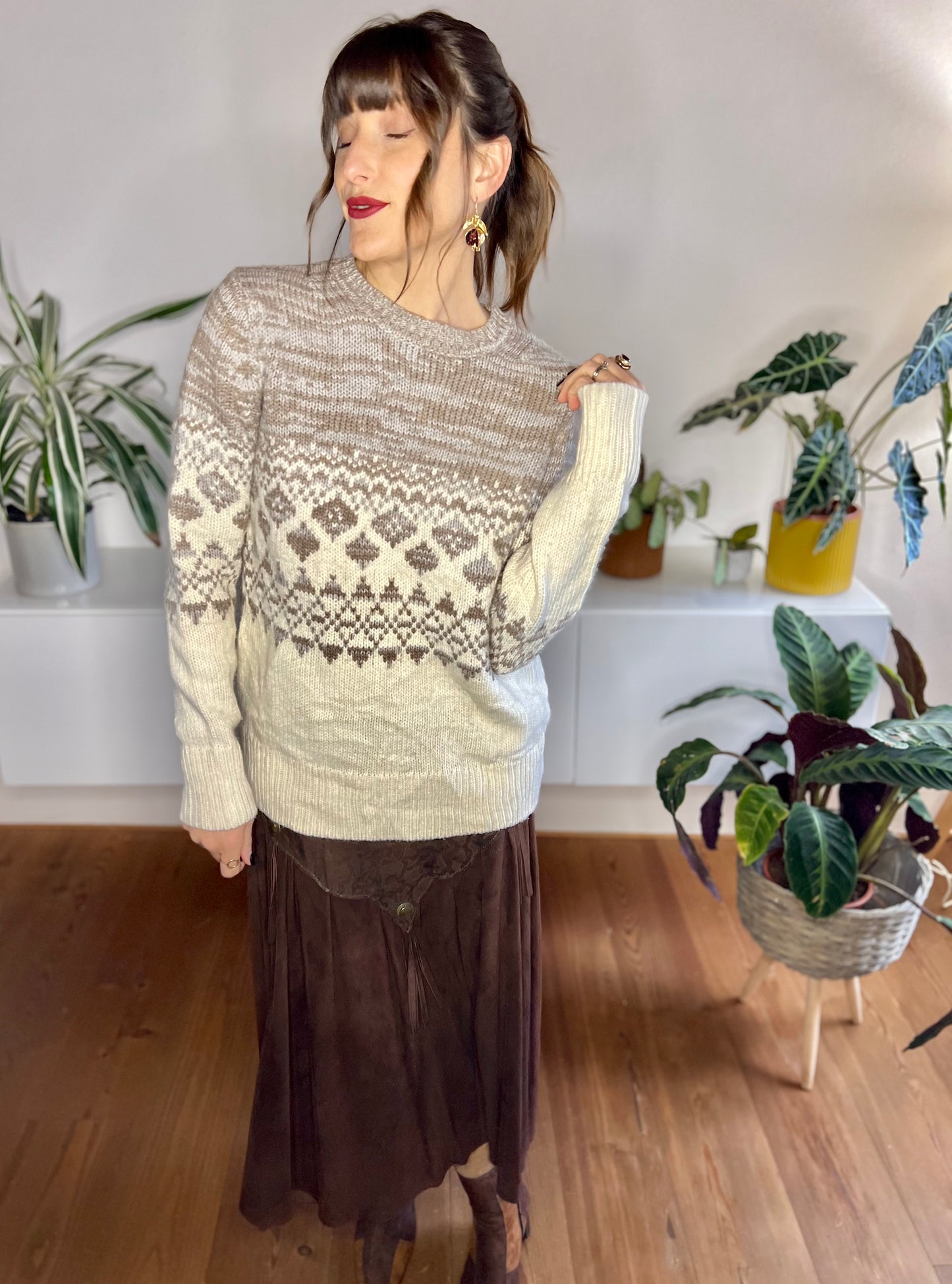 1990's vintage cream and beige geometric knit pullover