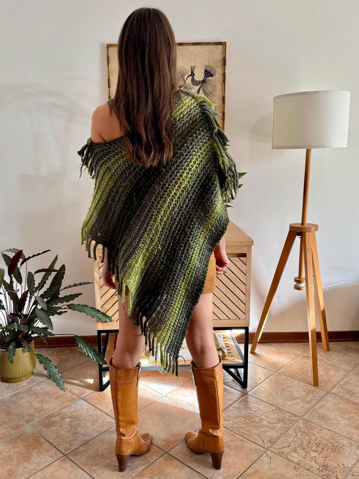 1970's vintage hand knit multi-tonal green stripe hand knit poncho with fringe detailing