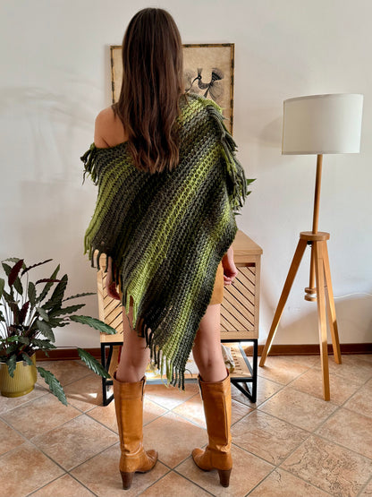1970's vintage hand knit multi-tonal green stripe hand knit poncho with fringe detailing