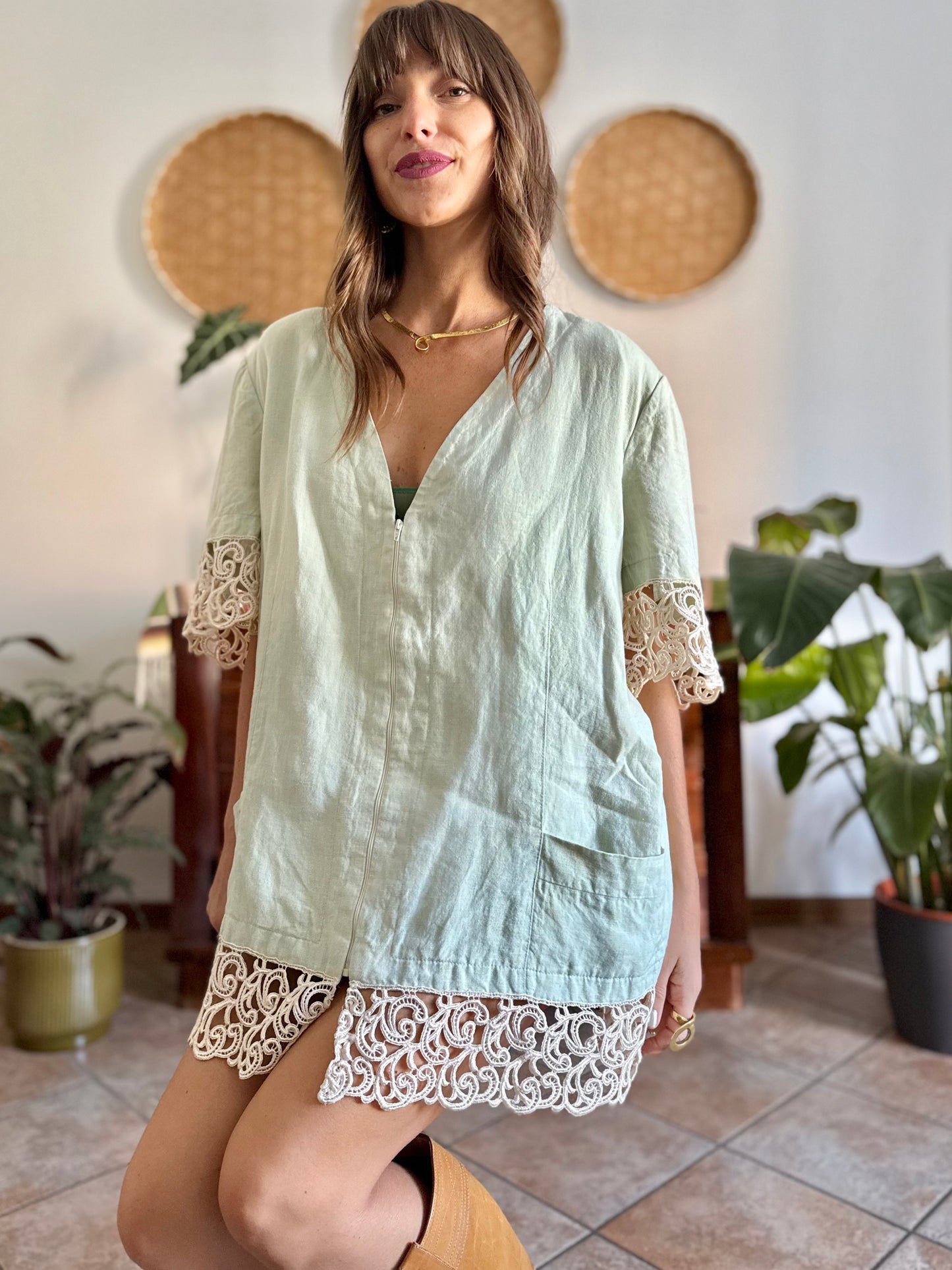 1970's vintage oversize mint green linen mini dress with crocheted detailing