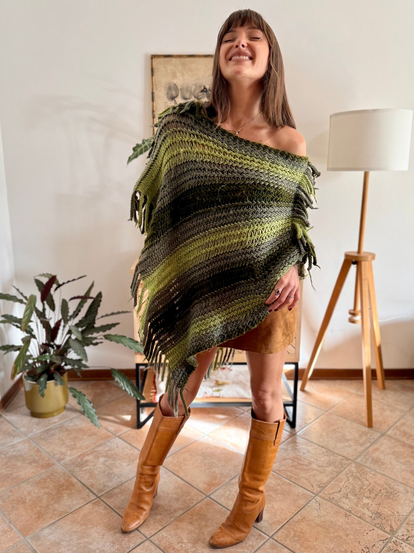 1970's vintage hand knit multi-tonal green stripe hand knit poncho with fringe detailing