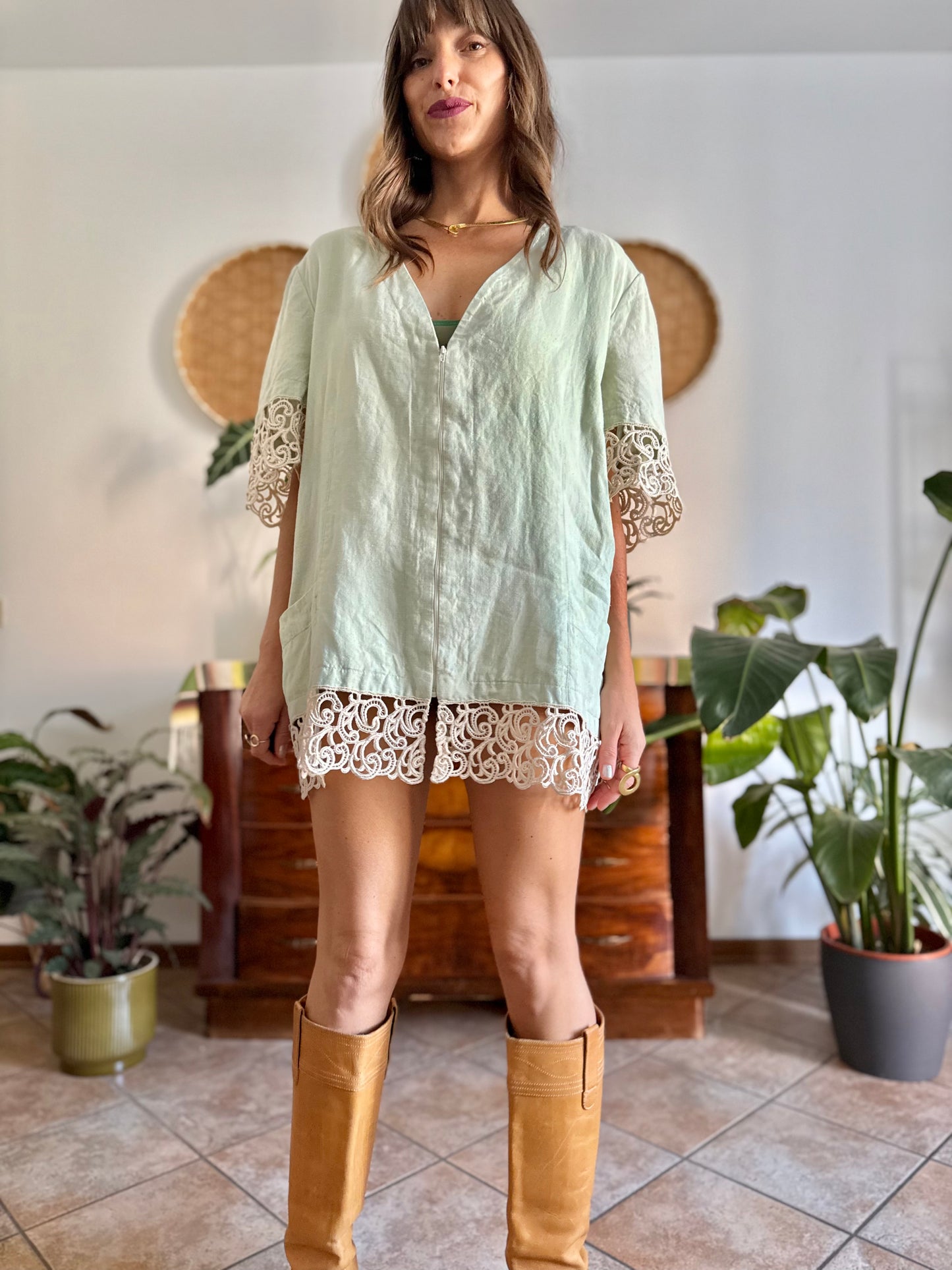 1970's vintage oversize mint green linen mini dress with crocheted detailing