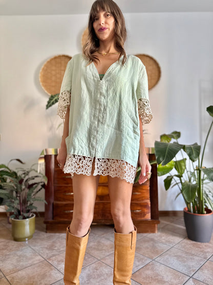 1970's vintage oversize mint green linen mini dress with crocheted detailing
