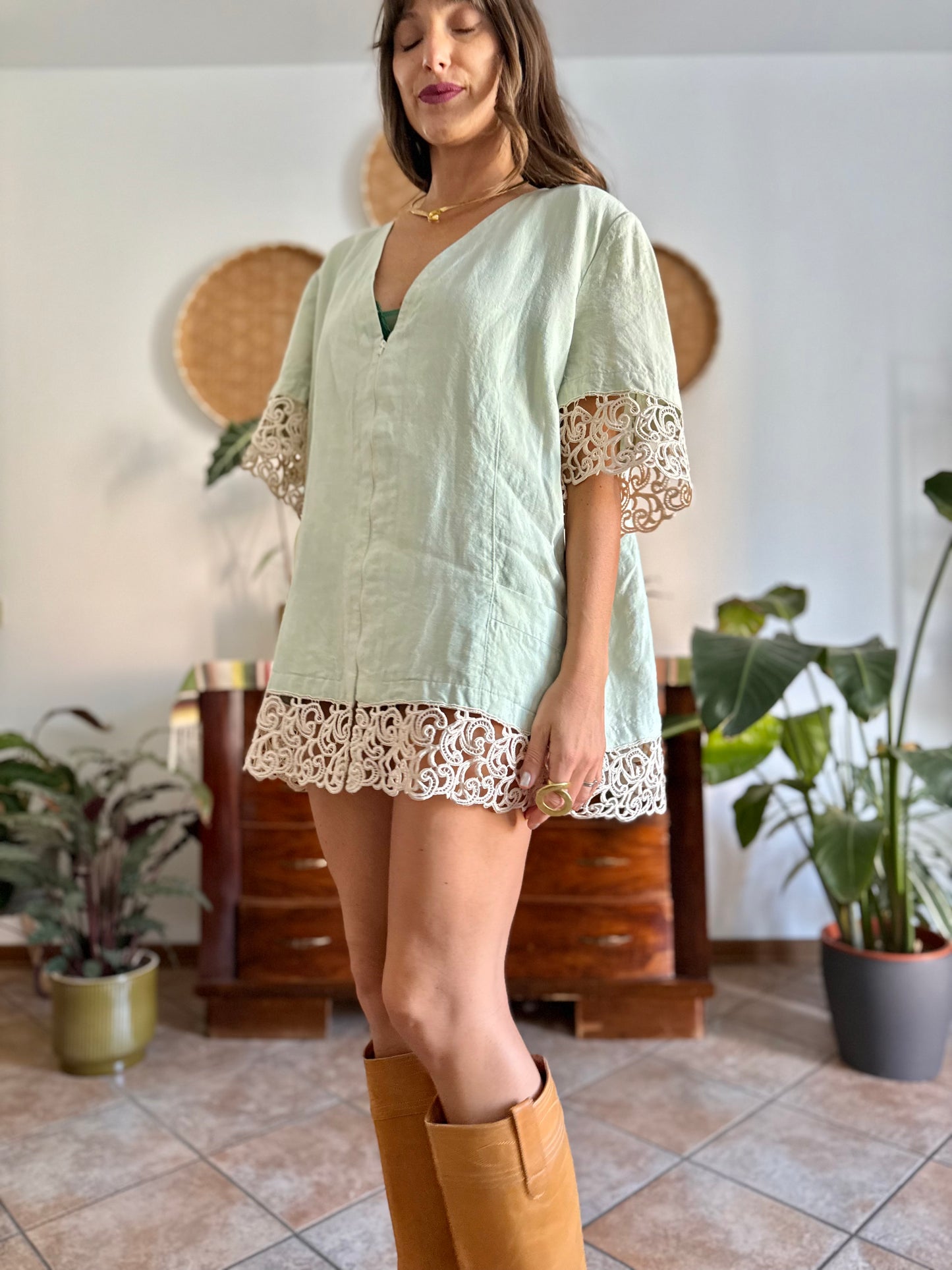 1970's vintage oversize mint green linen mini dress with crocheted detailing